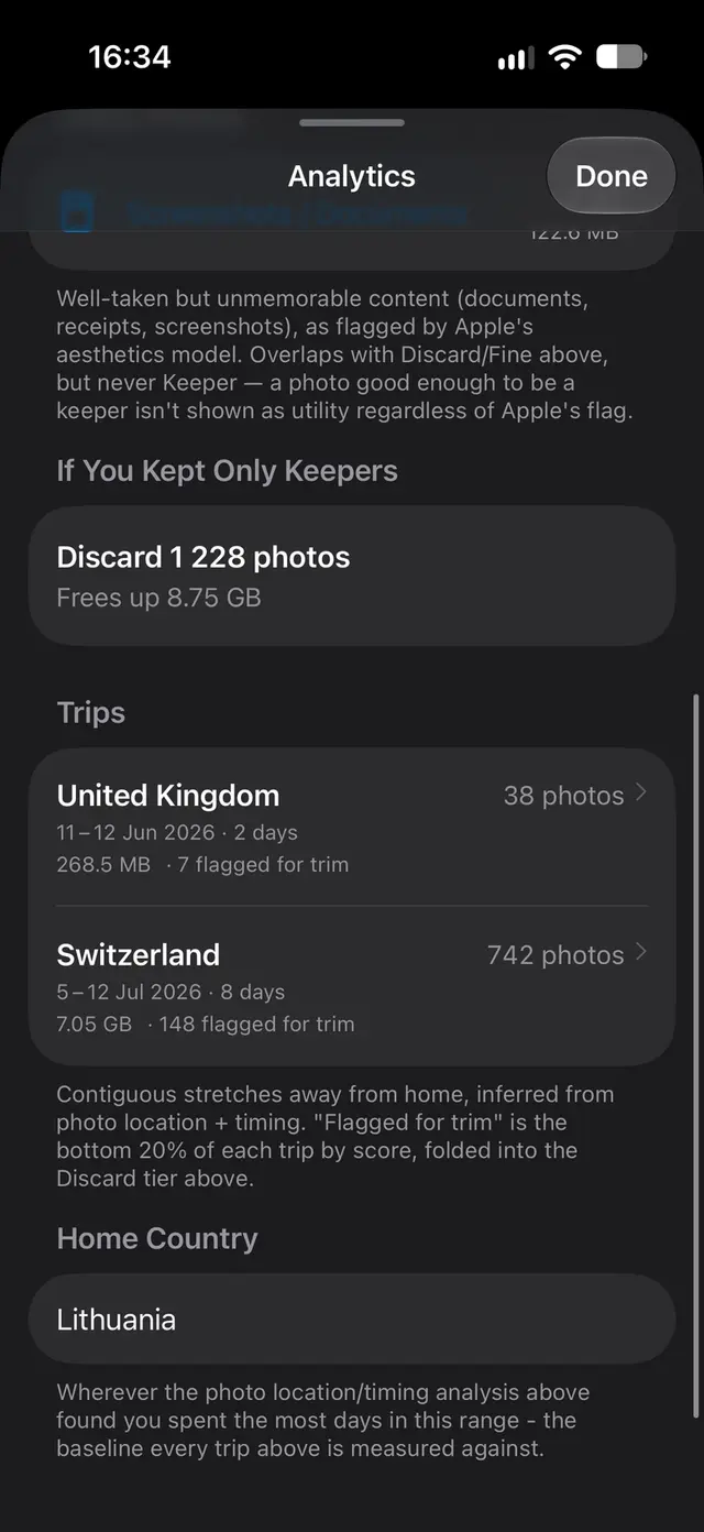 Gallery Audit trips screen showing detected trips to the United Kingdom and Switzerland